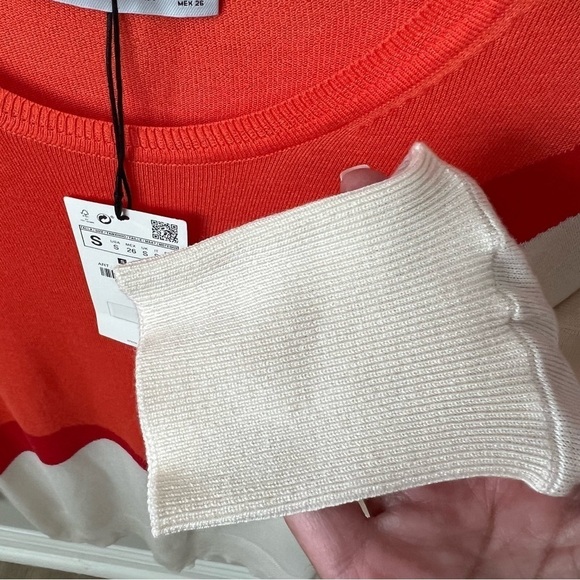 Zara Knit Colorblock Viscose Blend Tunic Sweater Lightweight Orange Ivory Fall S - Picture 7 of 12